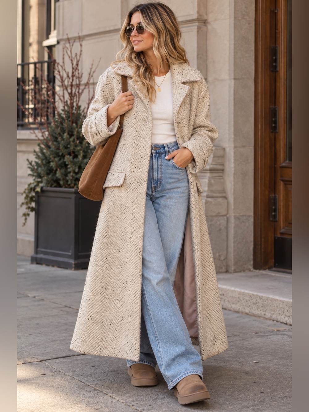 Vintage Gallery Cream Herringbone Tweed Maxi Coat Made in USA